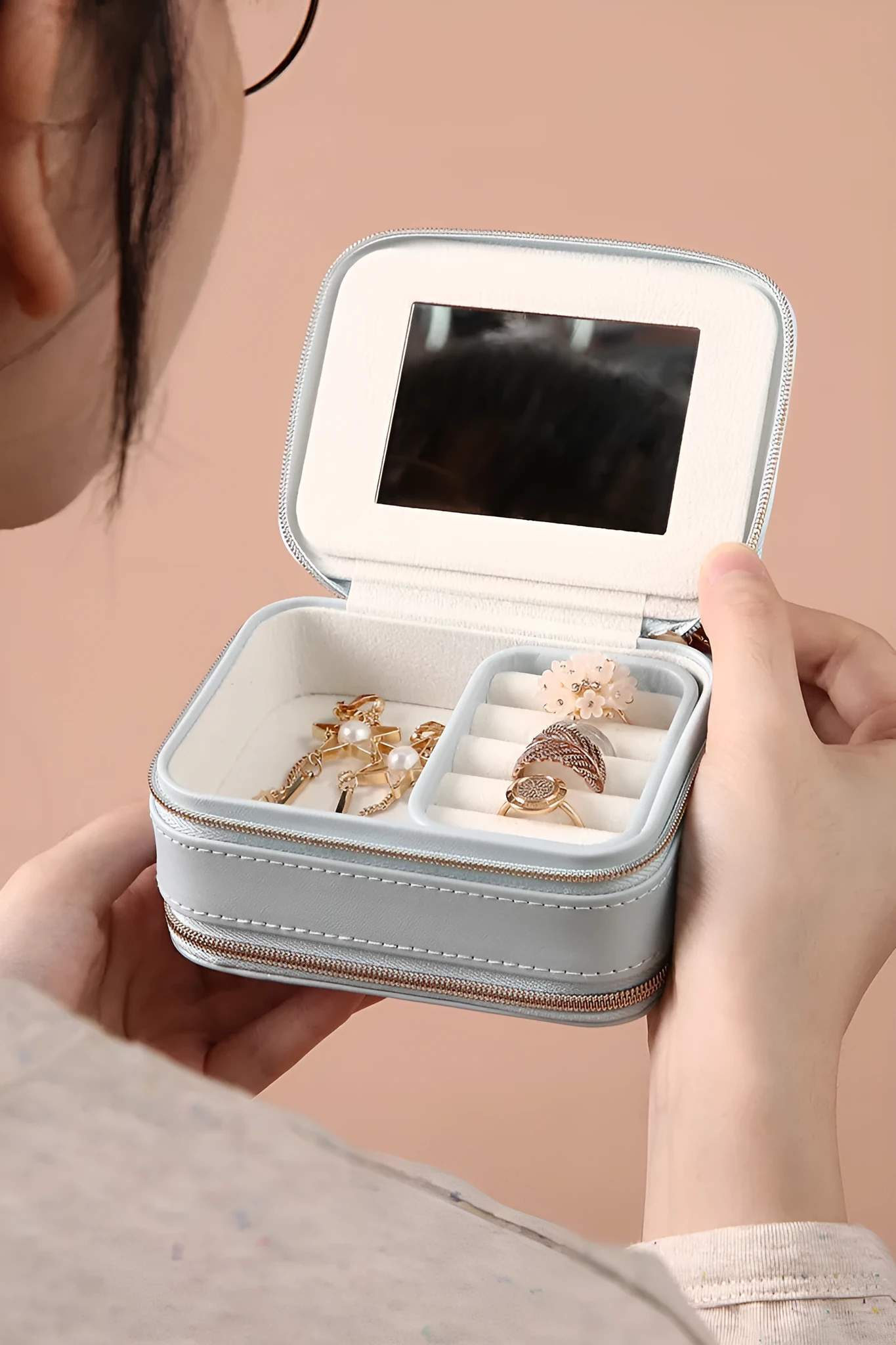 Portable travel jewelry box double-sided PU leather pearl velvet blue pink