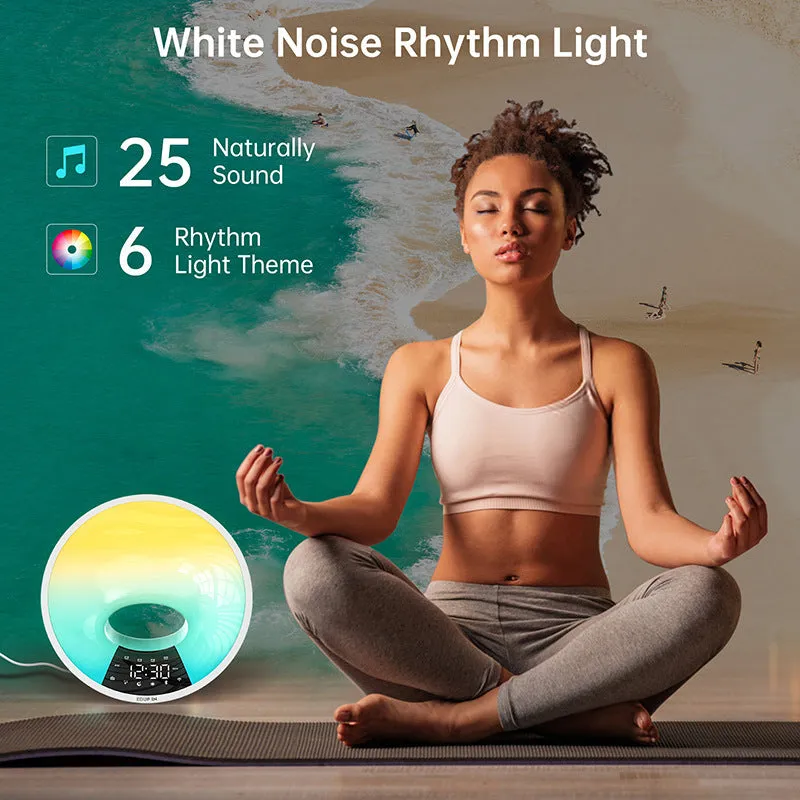 White WiFi smart sunrise alarm clock with dual alarm, FM radio, Bluetooth, and adjustable light on a bedside table