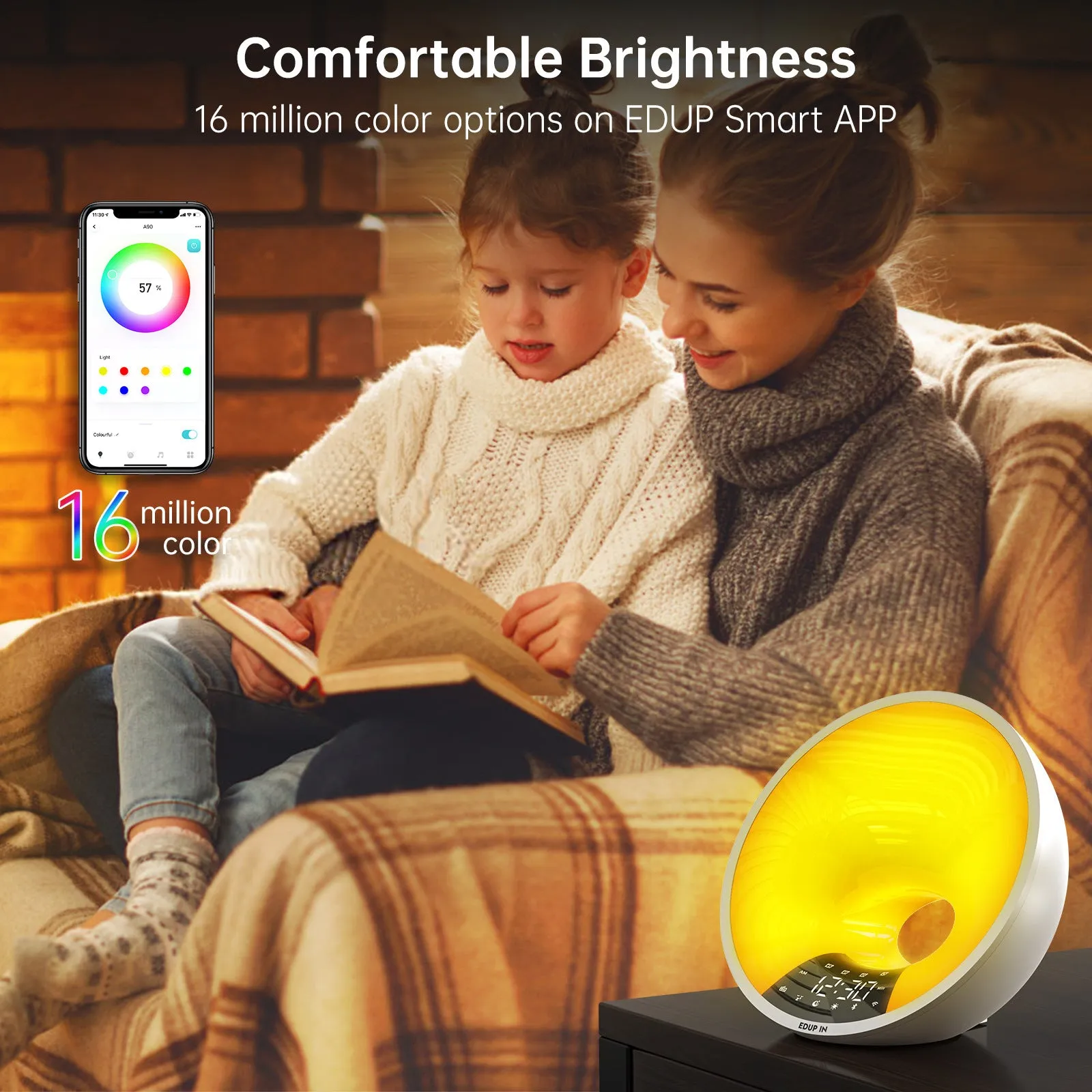 White WiFi smart sunrise alarm clock with dual alarm, FM radio, Bluetooth, and adjustable light on a bedside table