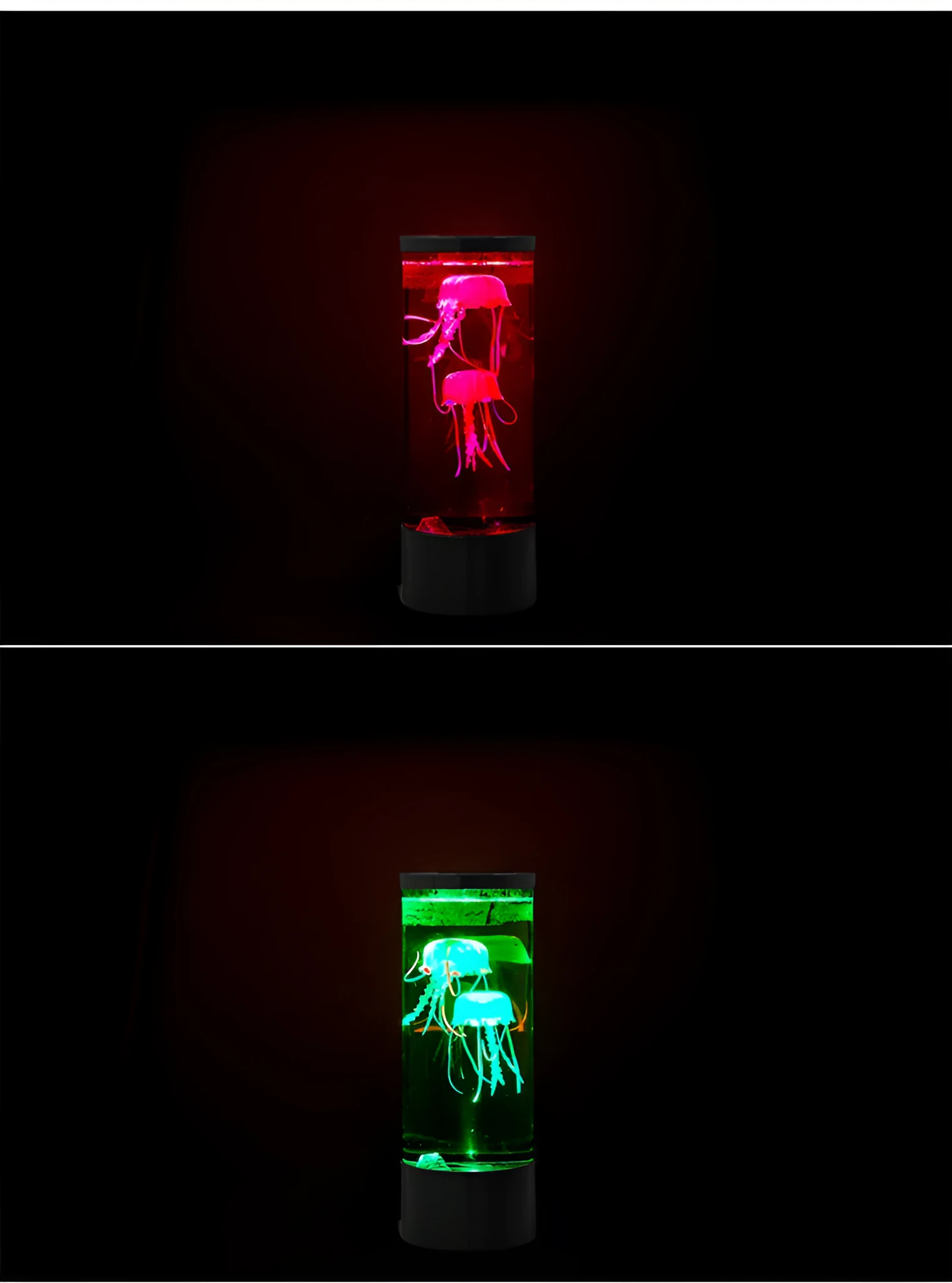 LED jellyfish night light with black plastic base and floating colourful jellyfish inside illuminated chamber