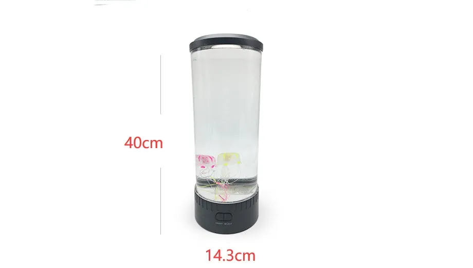 LED jellyfish night light with black plastic base and floating colourful jellyfish inside illuminated chamber