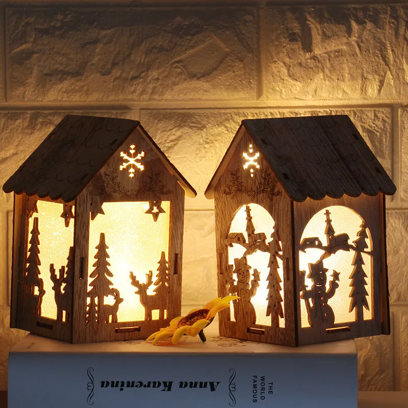 Wooden Christmas house decorations in natural wood colour with three rustic festive style options