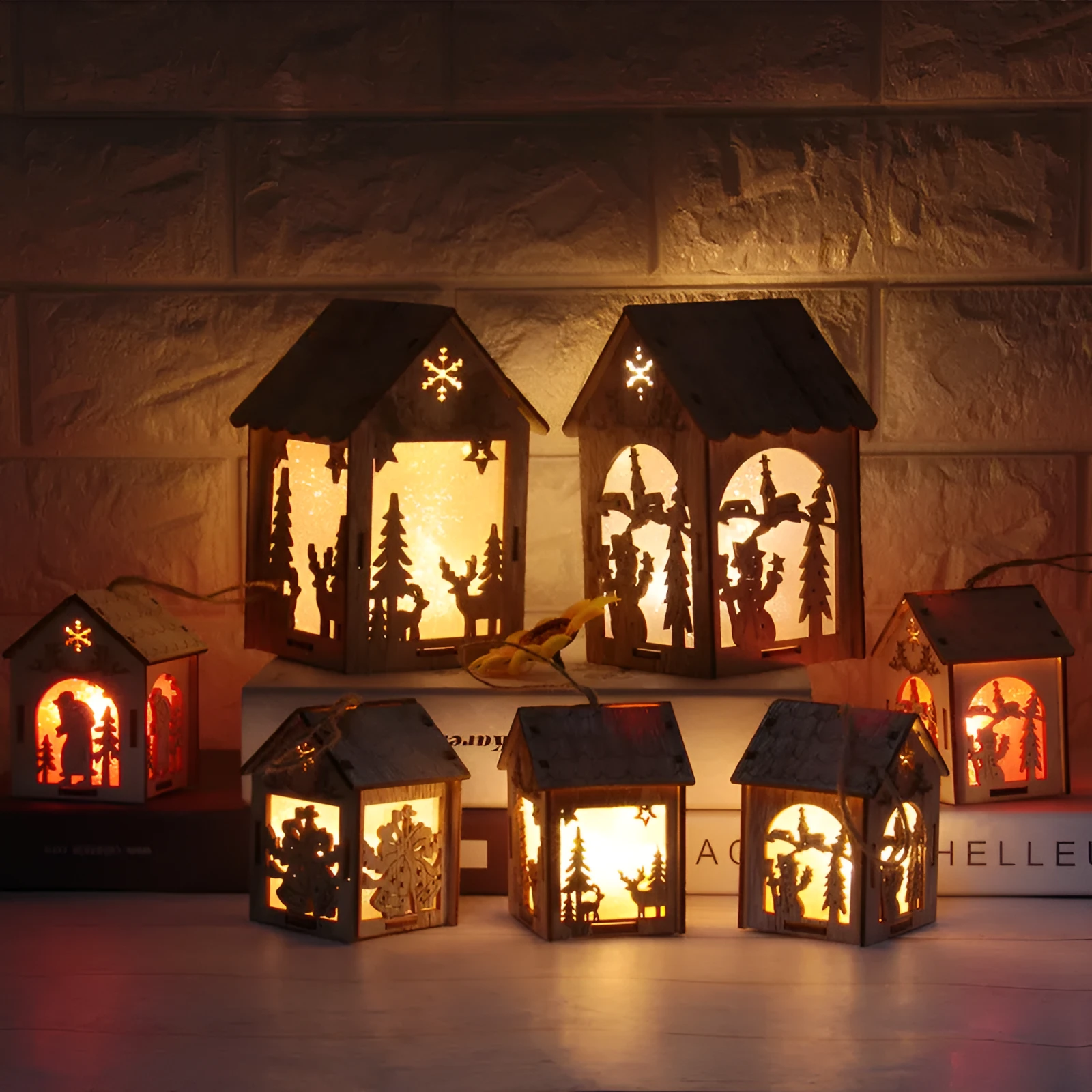 Wooden Christmas house decorations in natural wood colour with three rustic festive style options