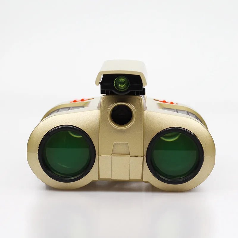 Green plastic children's toy binoculars with light, adjustable focus, and pop-up design