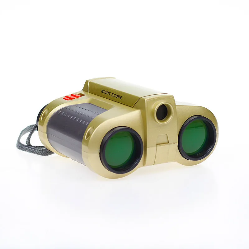 Green plastic children's toy binoculars with light, adjustable focus, and pop-up design
