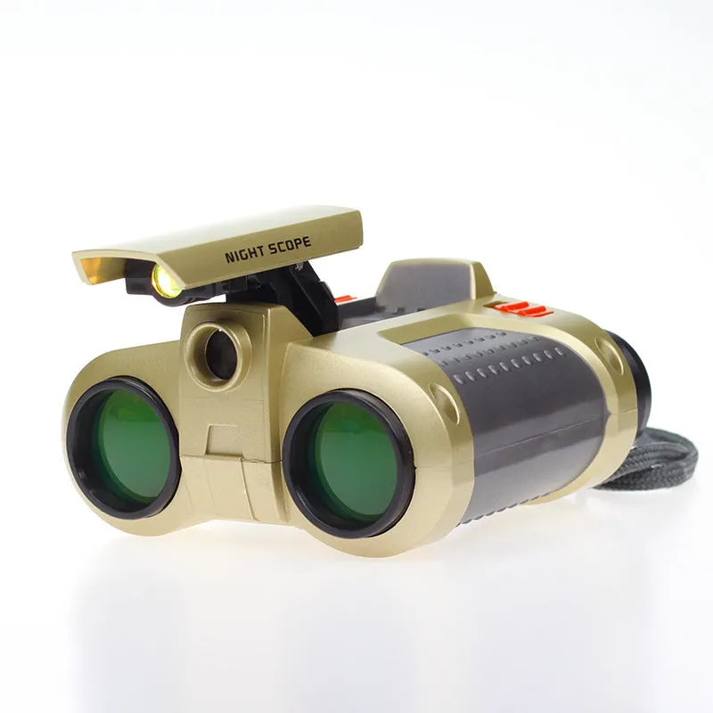 Green plastic children's toy binoculars with light, adjustable focus, and pop-up design