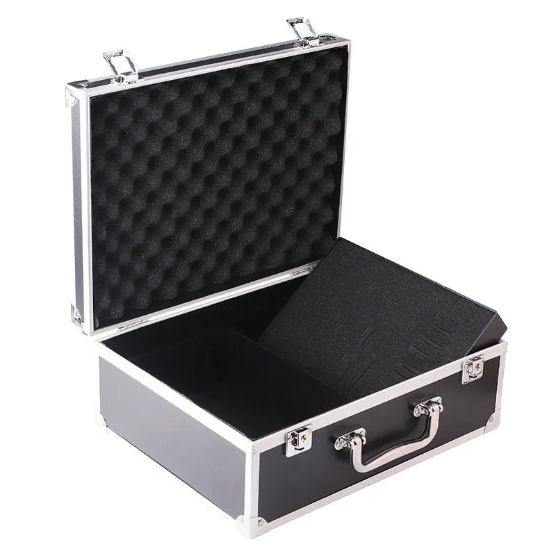 Black aluminium alloy tattoo equipment storage box with internal dividers open.