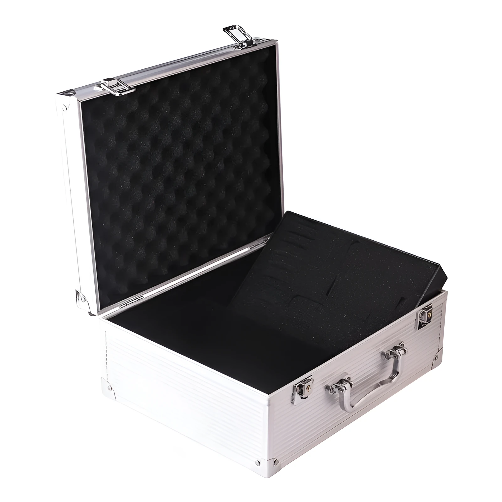 Black aluminium alloy tattoo equipment storage box with internal dividers open.