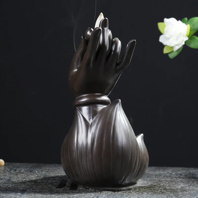 Ceramic lotus bergamot backflow incense burner with Guanyin Tathagata ornament in tea colour finish