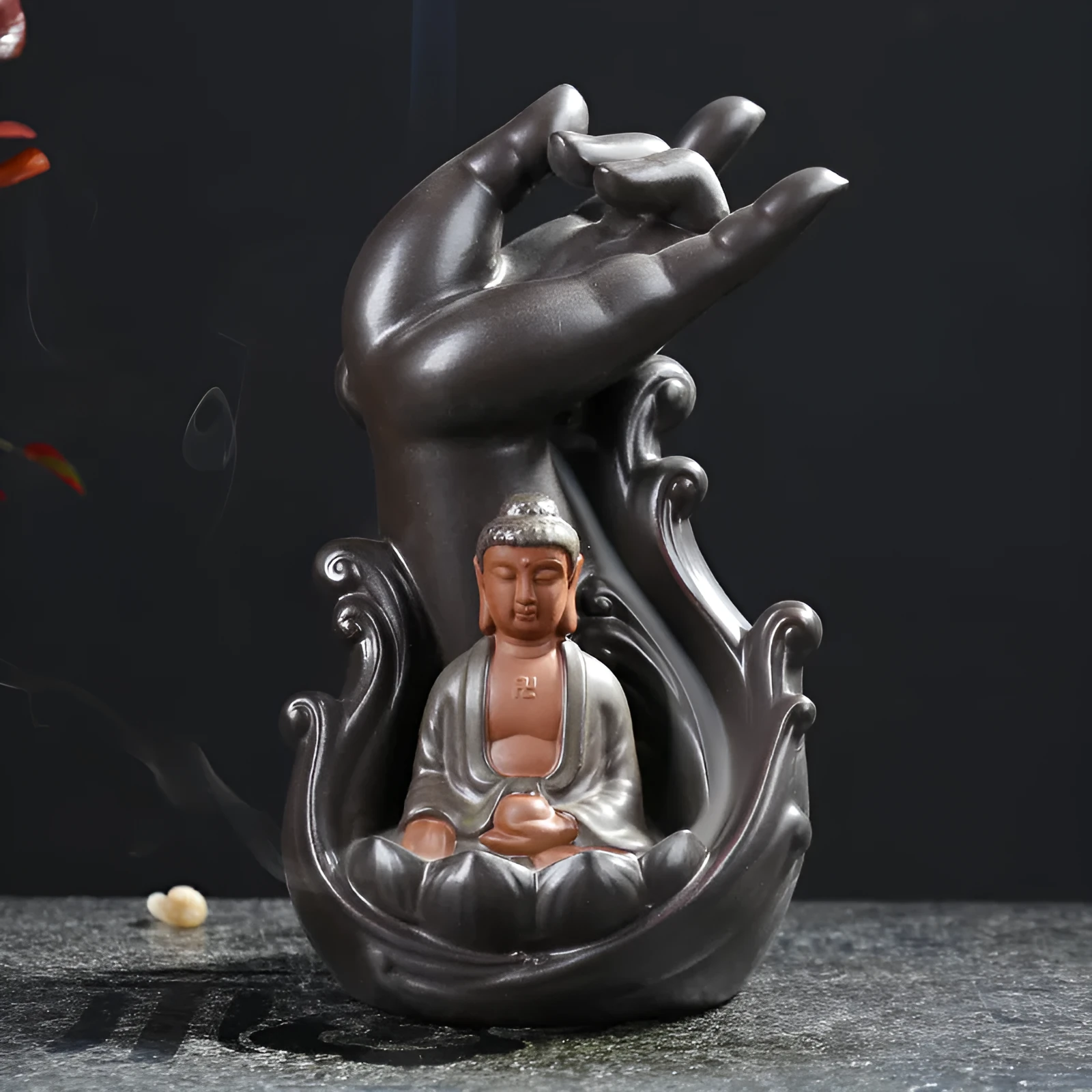 Ceramic lotus bergamot backflow incense burner with Guanyin Tathagata ornament in tea colour finish