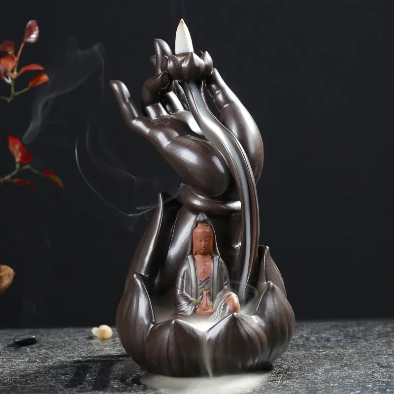 Ceramic lotus bergamot backflow incense burner with Guanyin Tathagata ornament in tea colour finish