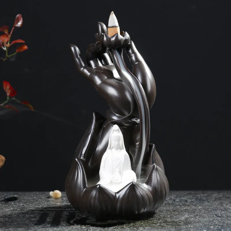 Ceramic lotus bergamot backflow incense burner with Guanyin Tathagata ornament in tea colour finish