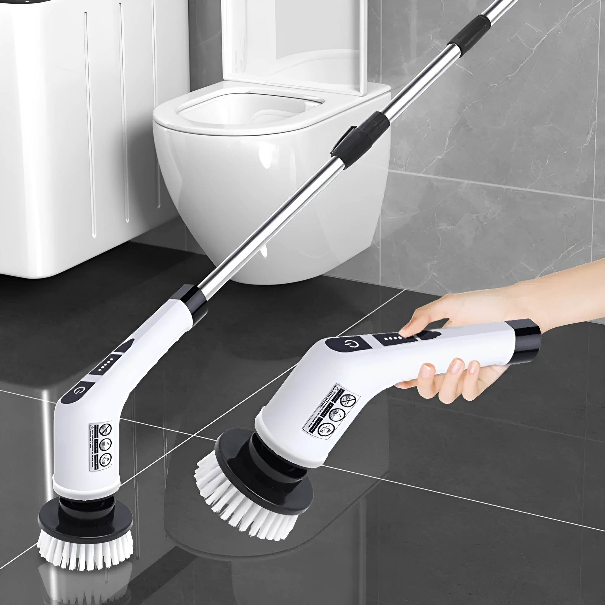 Multifunctional wireless electric cleaning brush 7-in-1 in black and white with USB cable and interchangeable heads