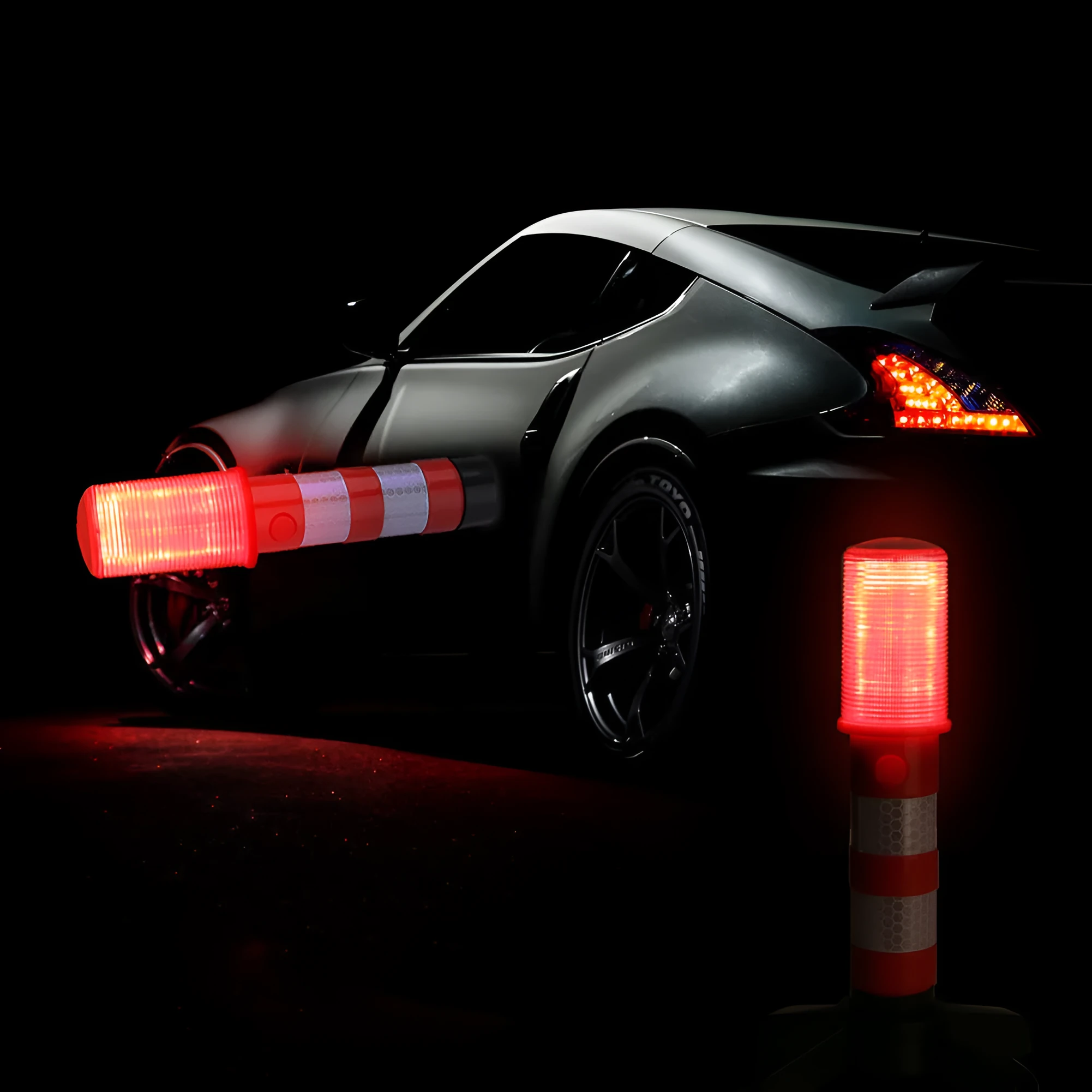 Set of two magnetic base emergency LED flares in plastic suitcase with support stands