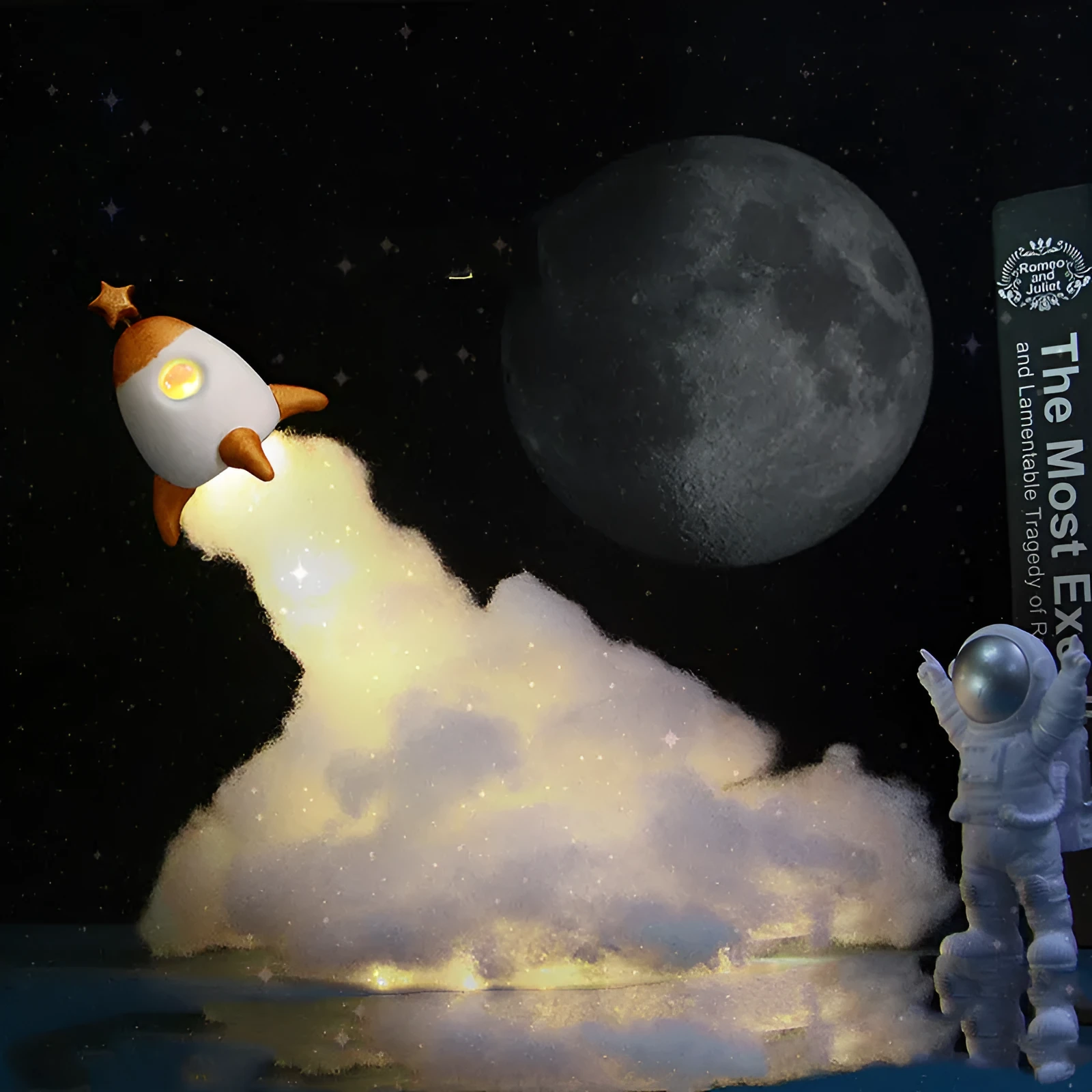 DIY astronaut rocket LED night light kit components including model, straws, chassis, and string lights for assembly