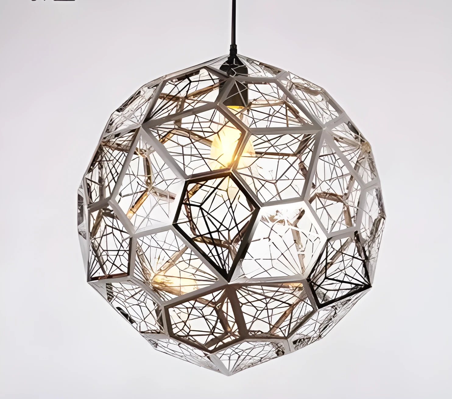 Modern polyhedron diamond ball stainless steel chandelier with geometric metal mesh shade in silver finish
