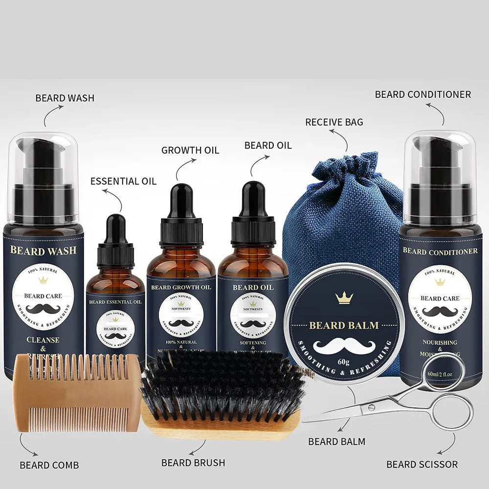 Peach wood beard care kit with comb, brush, balsam, and pogonotomy scissors in 10-15cm size
