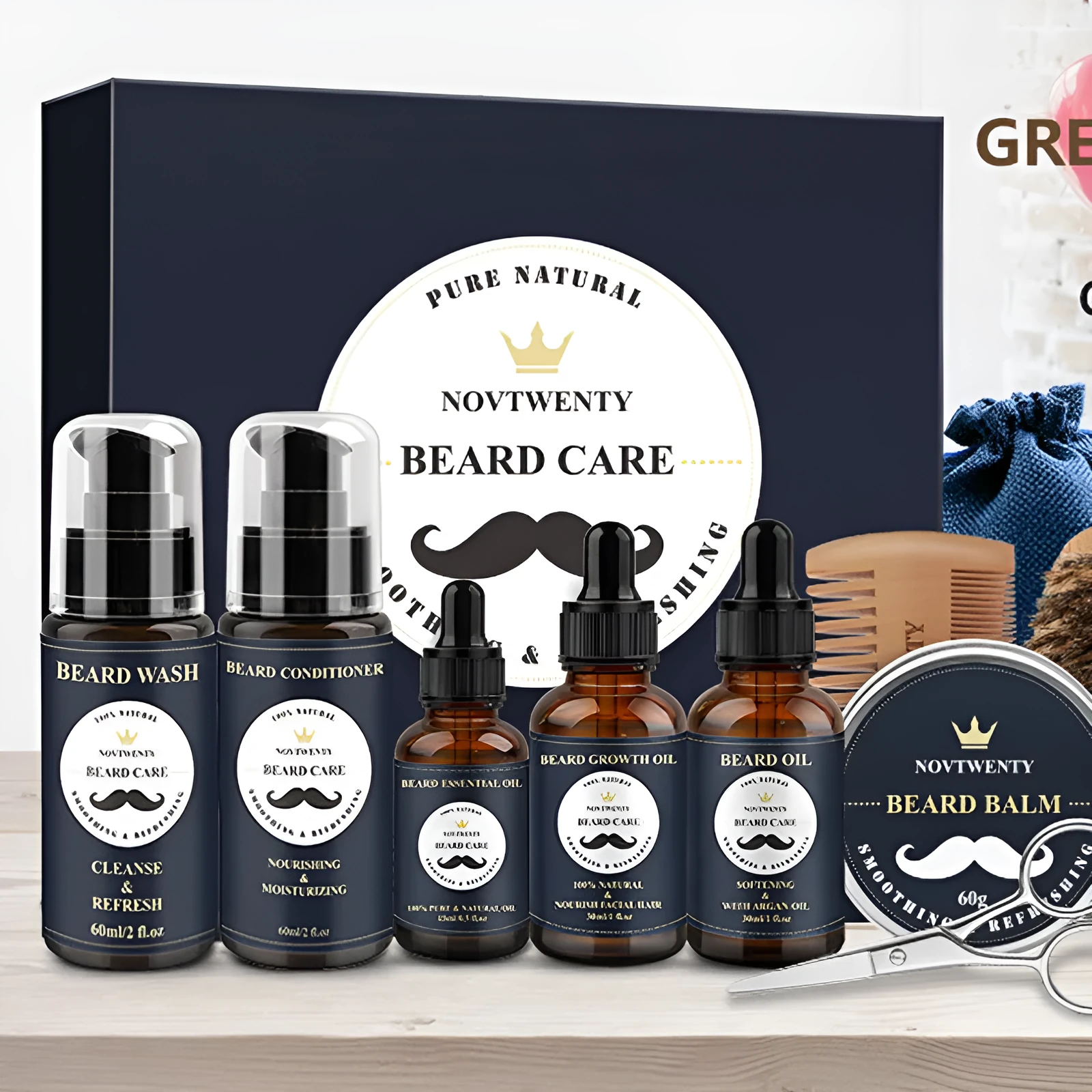 Peach wood beard care kit with comb, brush, balsam, and pogonotomy scissors in 10-15cm size