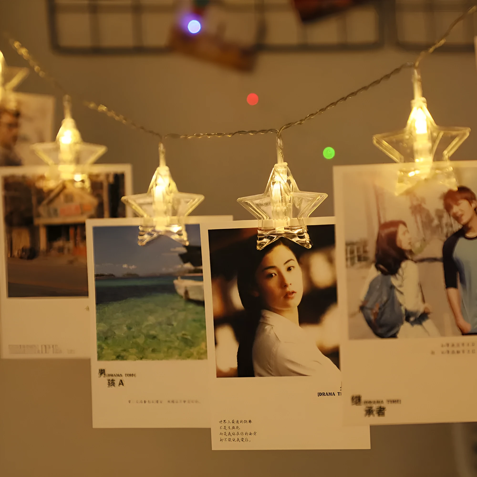 LED star clip festoon lights on a dark background showing warm white 3-metre string with 20 star-shaped lamps
