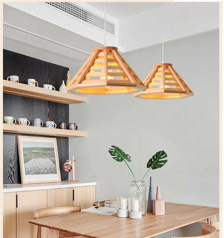 Modern minimalist bamboo woven woodcraft ceiling pendant lamp in wood colour with LED light source, 35cm or 50cm size