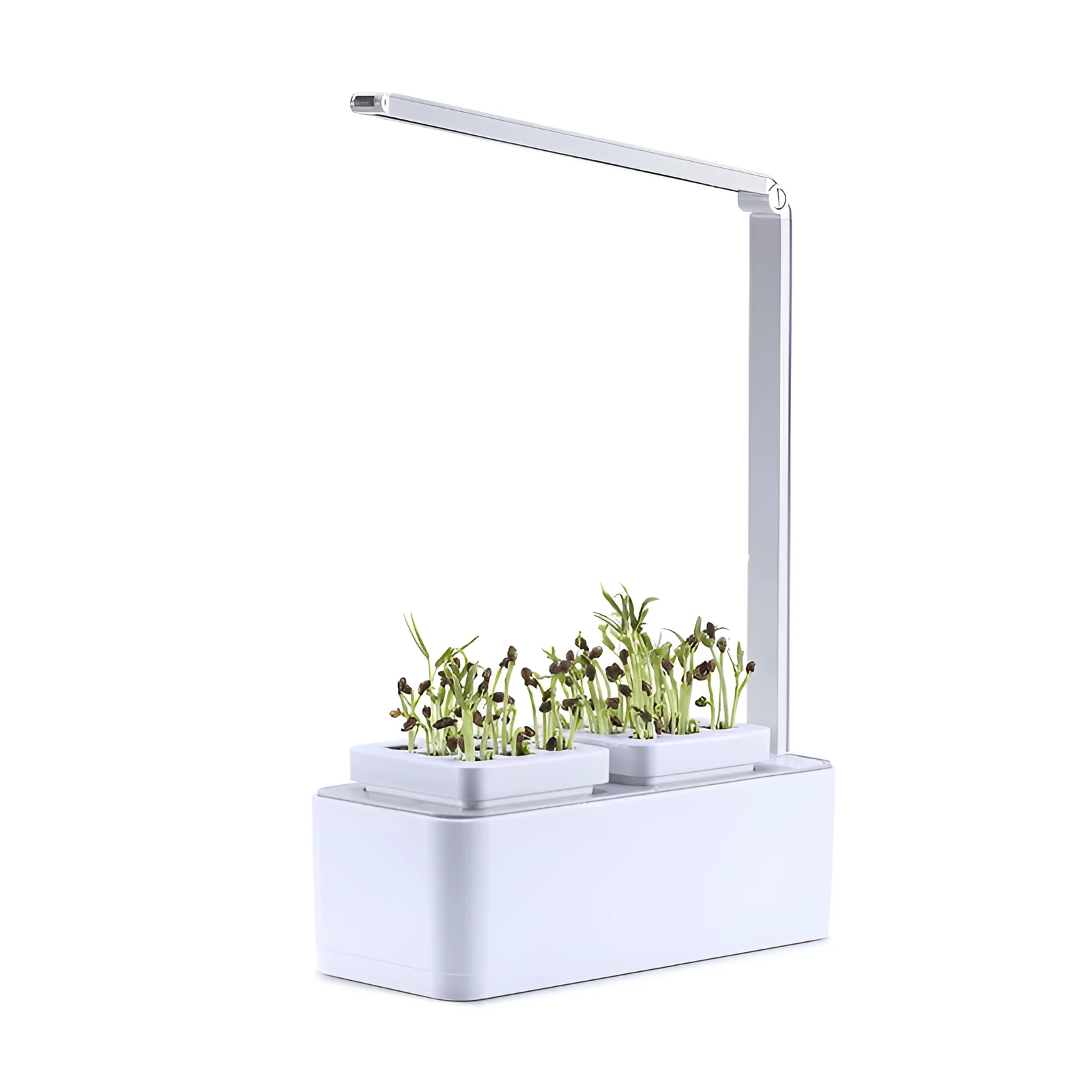 White hydroponic self-absorbent herb vegetable planting box with LED grow lights and water alarm on a desktop