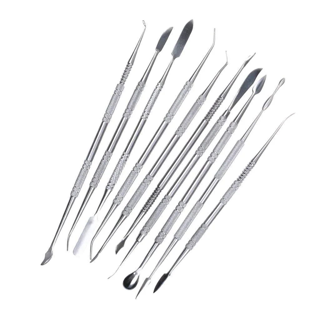 Ten stainless steel clay knives with photo colour handles arranged on a surface for pottery sculpting work.