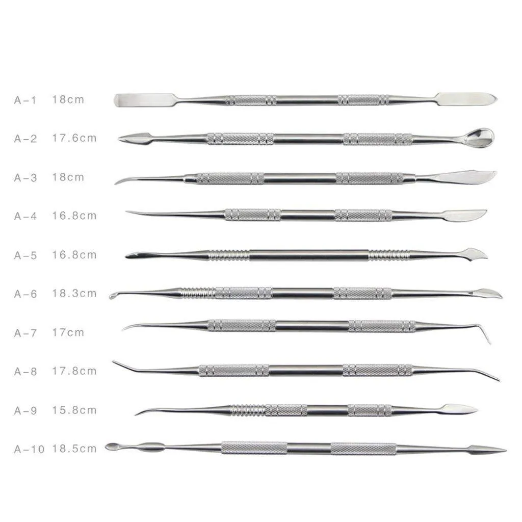 Ten stainless steel clay knives with photo colour handles arranged on a surface for pottery sculpting work.