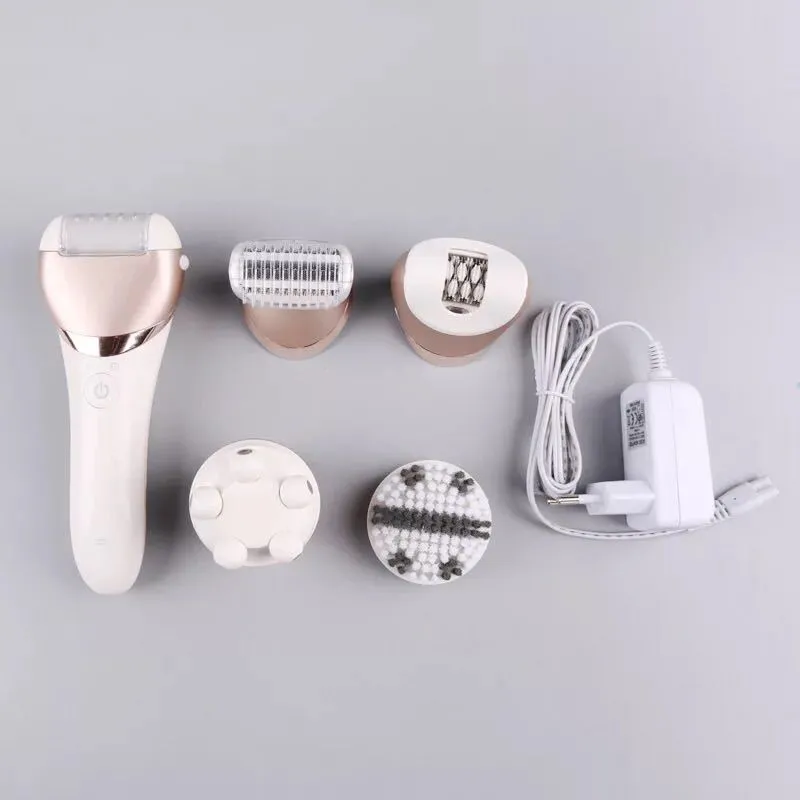 White five-in-one rechargeable ladies shaver plucker with whole body washing feature
