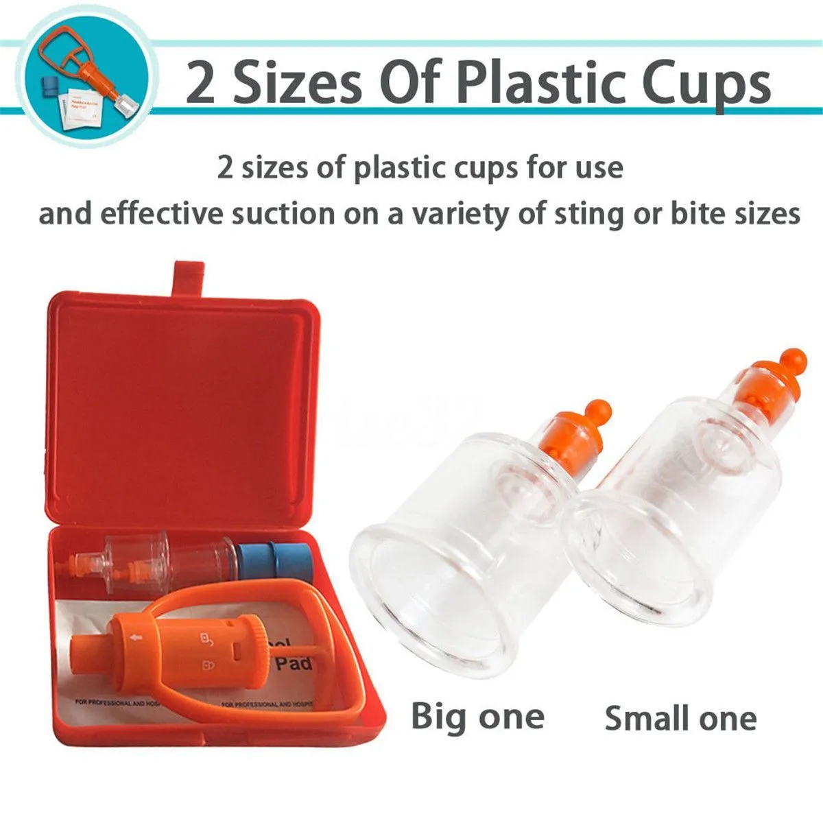 Orange plastic outdoor venom suction device kit open to show pump, two suction cups, tourniquet and swabs.