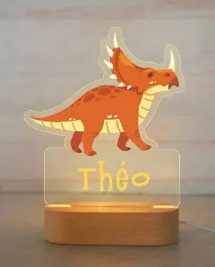 Wooden dinosaur night light with colourful glow, cartoon ornament style, USB powered, 26x15x6cm