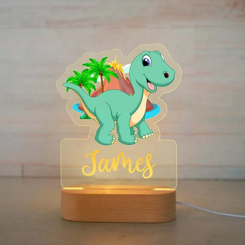 Wooden dinosaur night light with colourful glow, cartoon ornament style, USB powered, 26x15x6cm