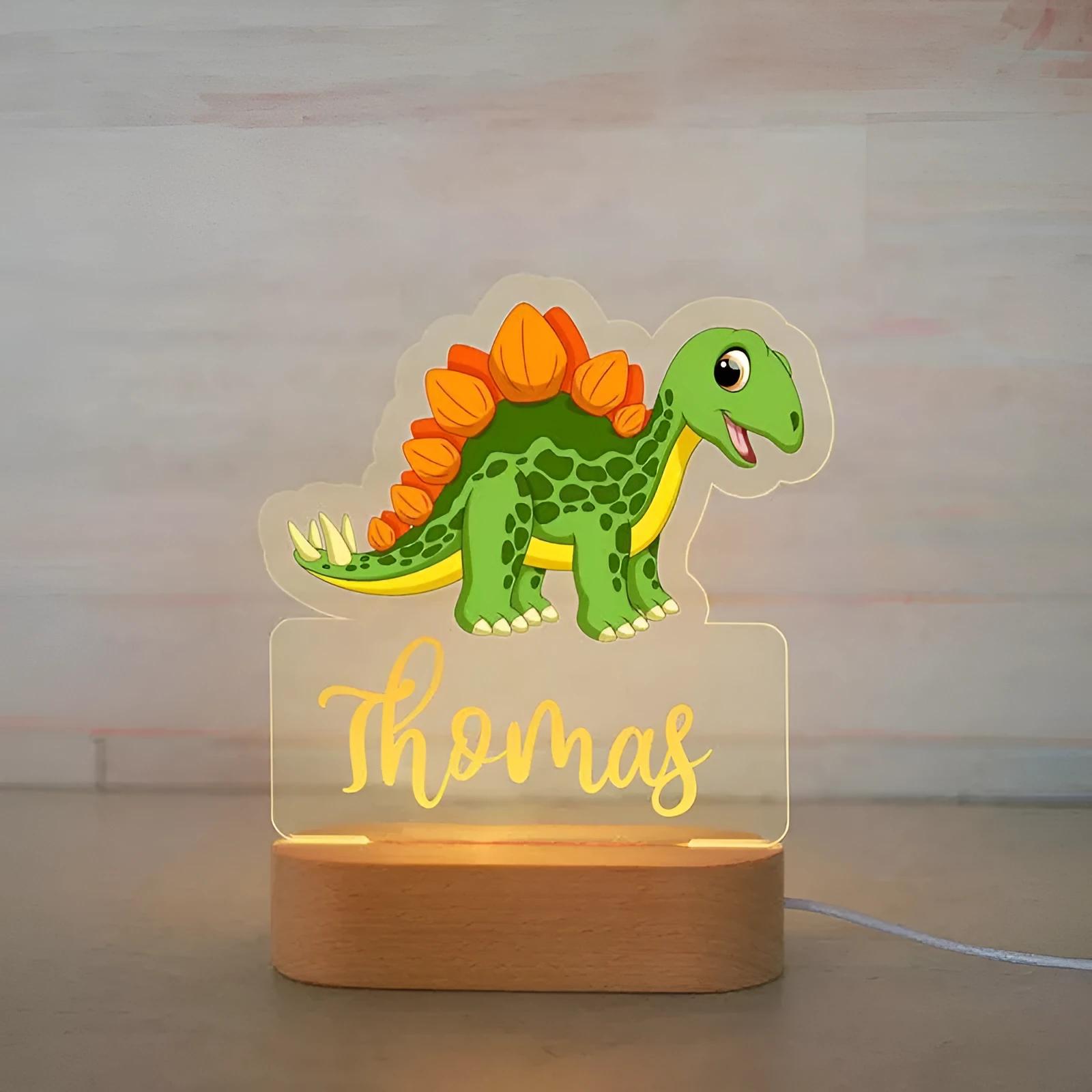 Wooden dinosaur night light with colourful glow, cartoon ornament style, USB powered, 26x15x6cm