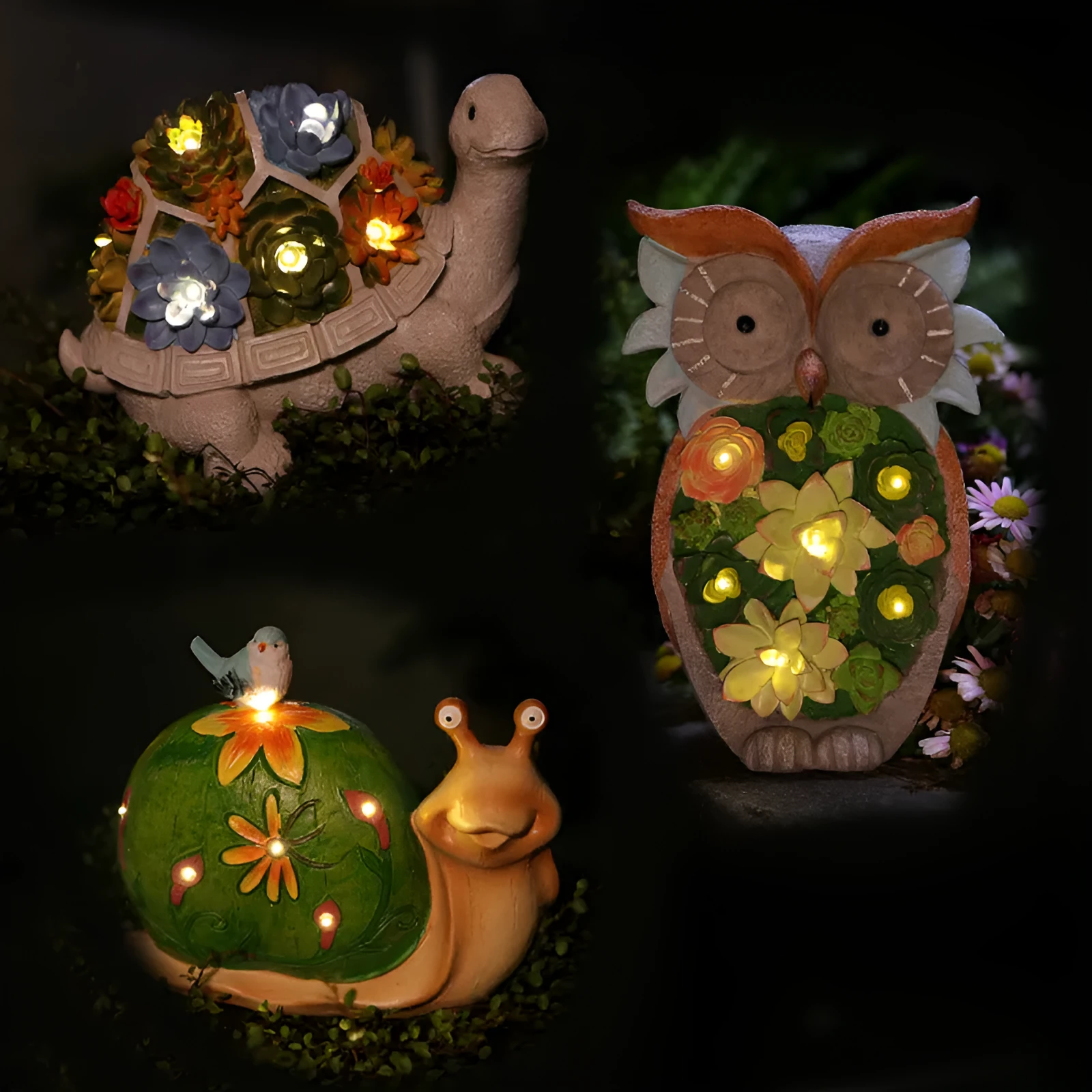 Three solar animal lights in owl, snail, and tortoise shapes on a garden window sill