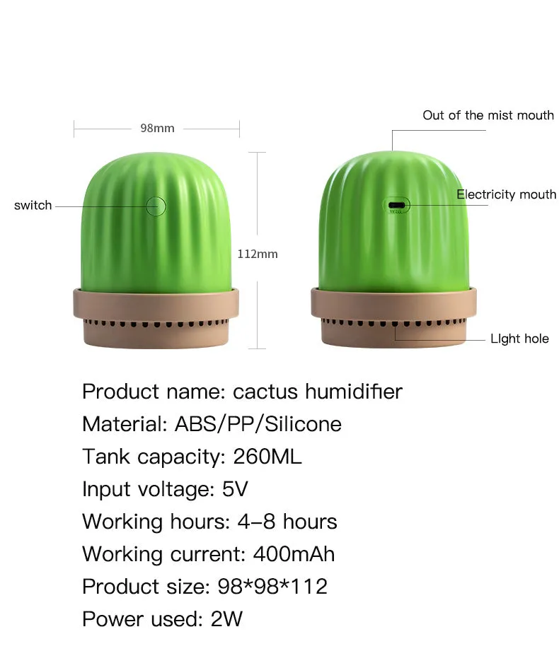 Cactus humidifier night light in green with colourful LED glow on a wooden desk