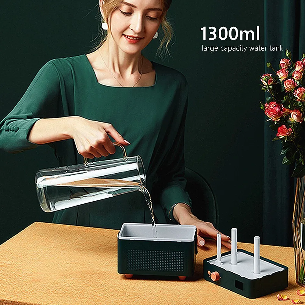 Portable phono humidifier in ABS, PP, silicone and leather, 190.6x130.9x151.5mm, with warm light, dark green colour