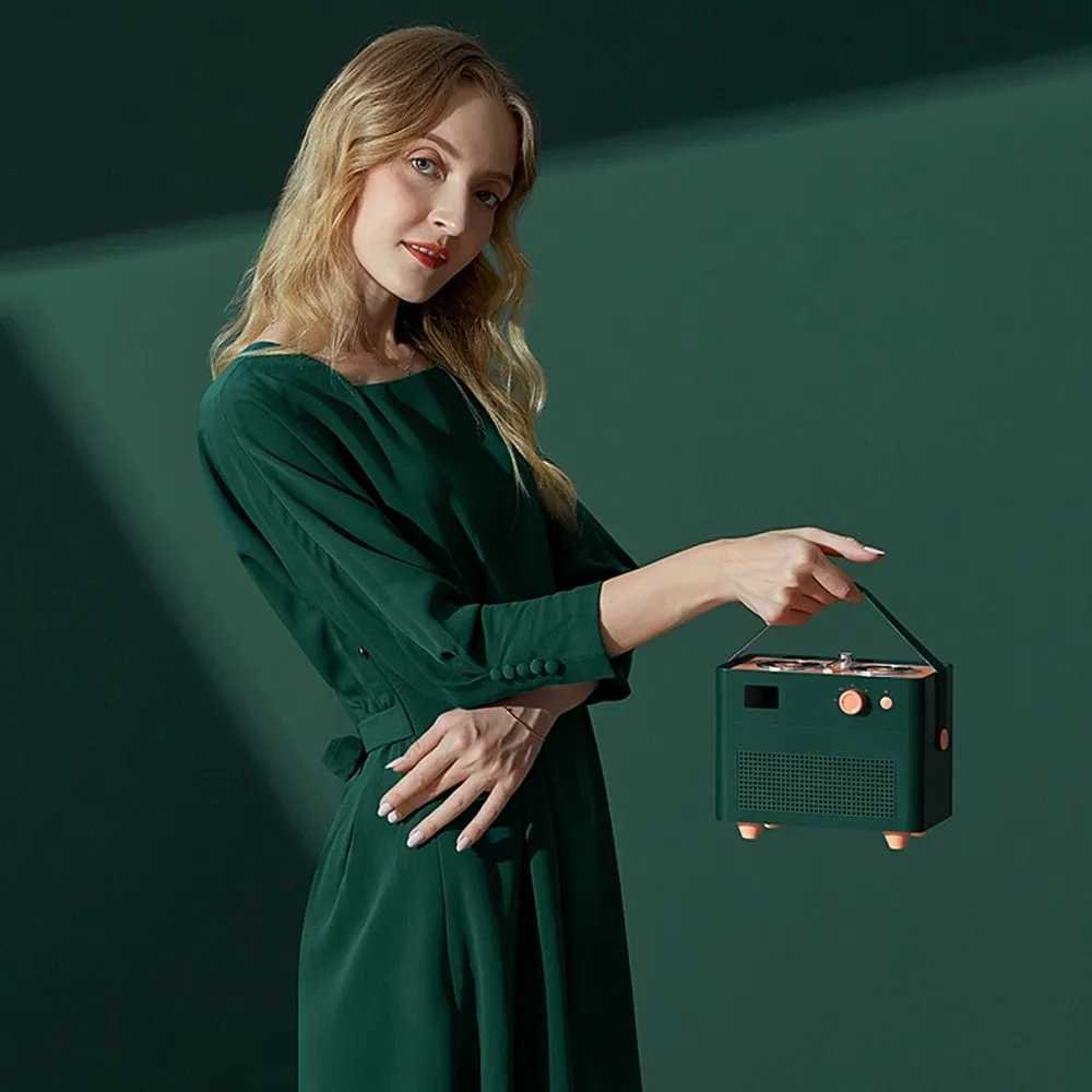 Portable phono humidifier in ABS, PP, silicone and leather, 190.6x130.9x151.5mm, with warm light, dark green colour