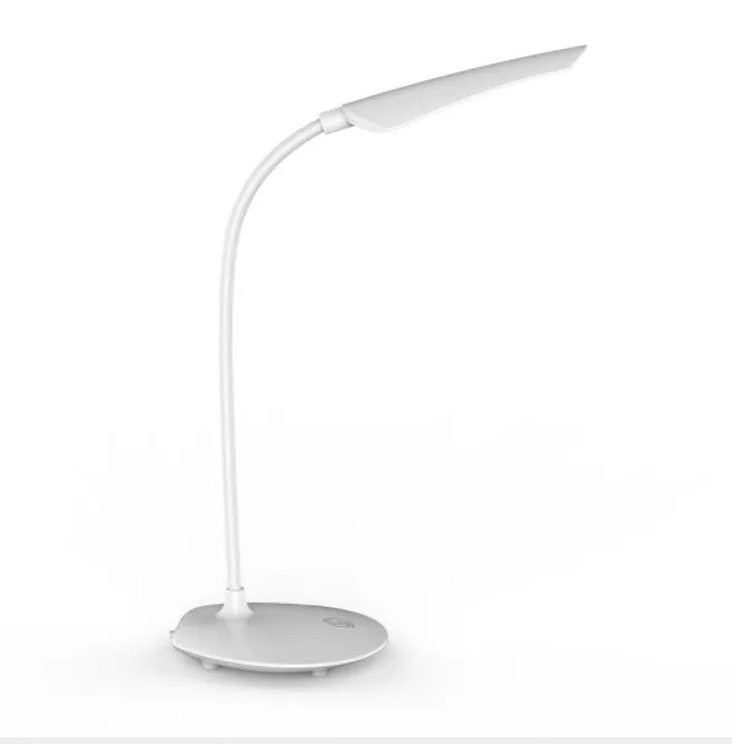 White LED desk lamp with touch control and USB charging on a wooden desk, showing compact 385x120x100mm size