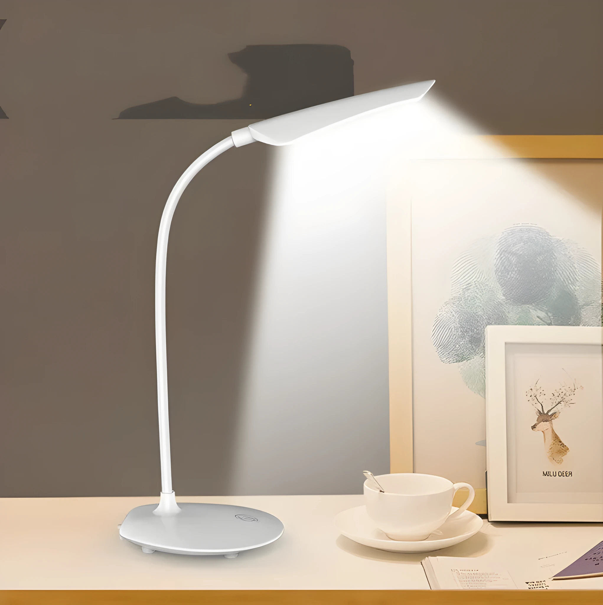 White LED desk lamp with touch control and USB charging on a wooden desk, showing compact 385x120x100mm size