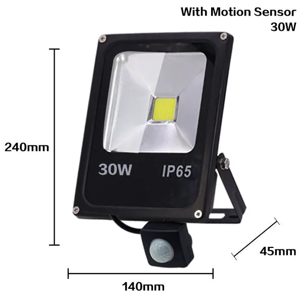 IP65 brushed stainless aluminium LED outdoor floodlight with motion sensor, 50W model, white light