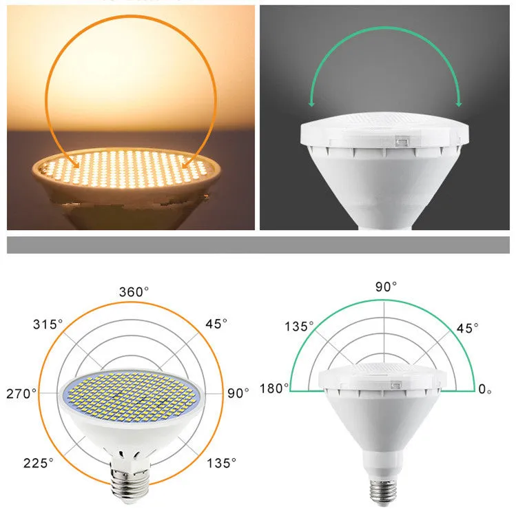 E27 LED lamp cup bulb with PC body shown in warm white and cool white light options.