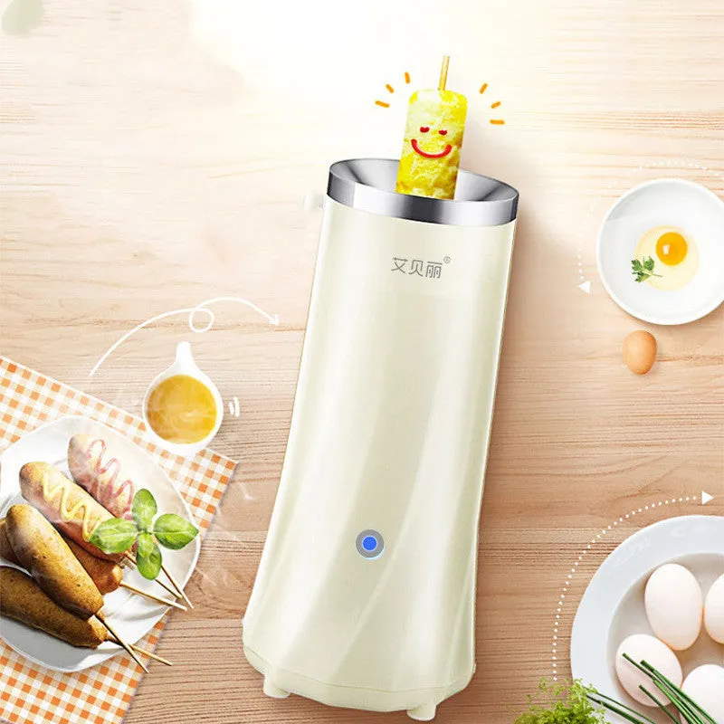 Beige white and green compact automatic mini breakfast machine on a kitchen counter.