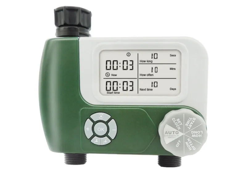 Green digital programmable hose timer with metal faucet connector and dual outlet ports for garden watering