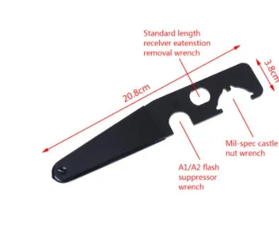 Black steel and rubber multi-function tactical wrench on dark surface showing slim 20.8cm profile