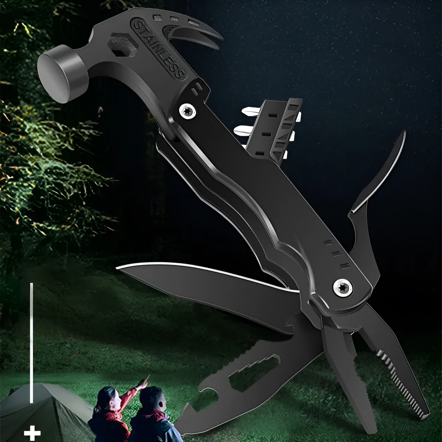 Multifunctional nail hammer with metal head, 160x75x23mm size, and claw on a storage bag