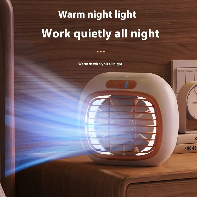 Mini USB spray air conditioner fan with 3-speed brushed motor in rose gold on a desk