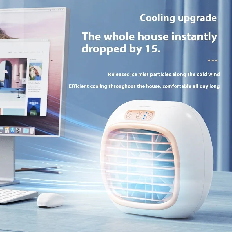 Mini USB spray air conditioner fan with 3-speed brushed motor in rose gold on a desk