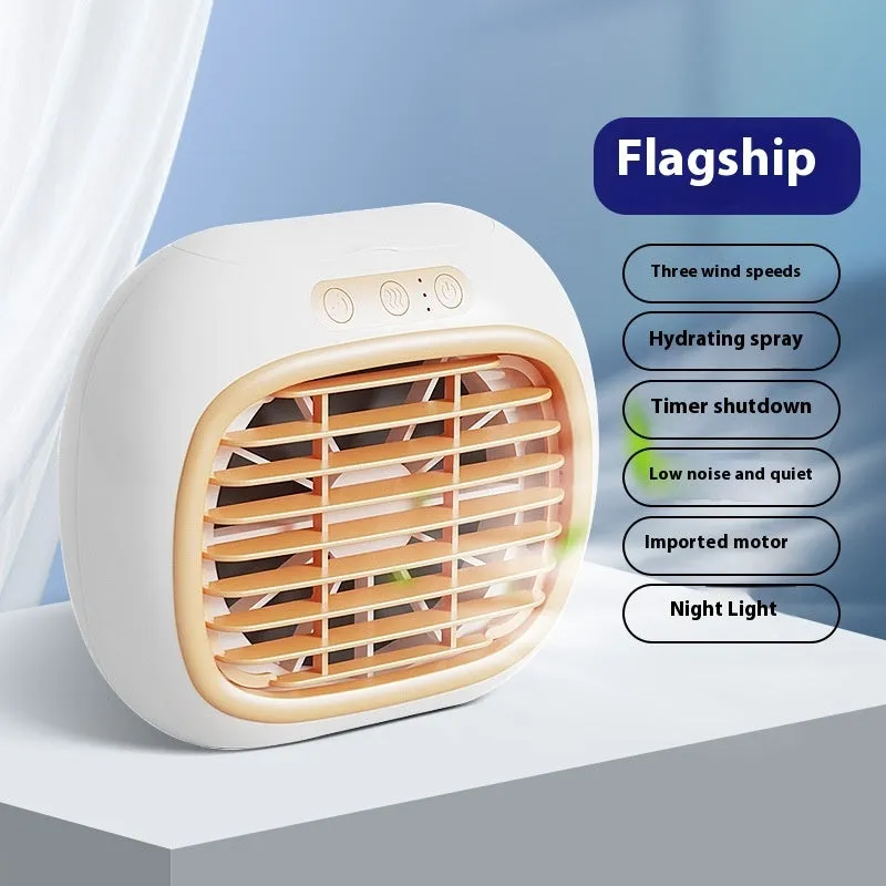 Mini USB spray air conditioner fan with 3-speed brushed motor in rose gold on a desk