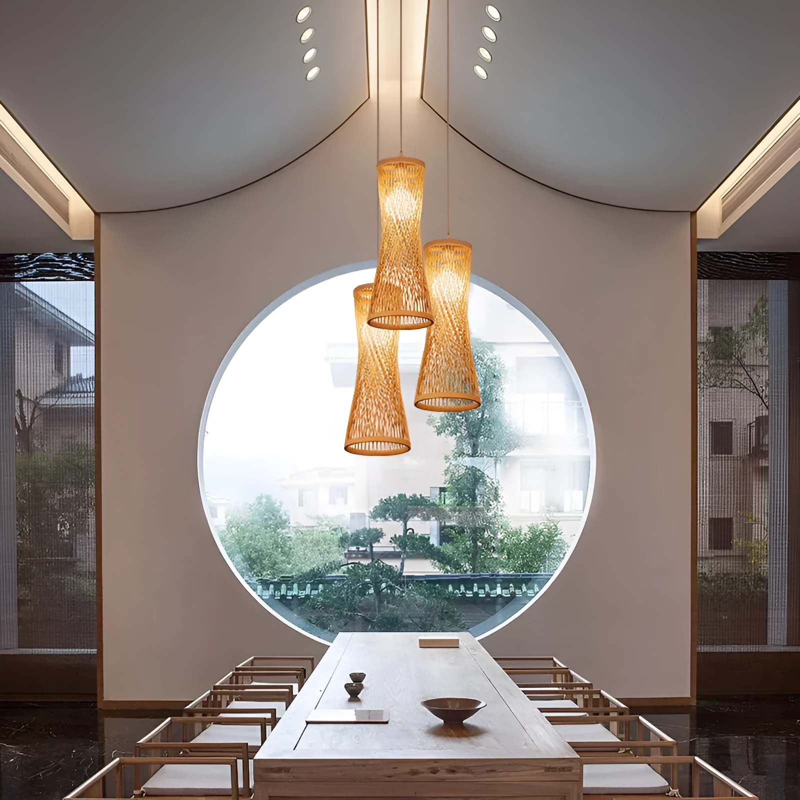 Japanese New Chinese style bamboo artwork chandelier with black disc for restaurant ceiling