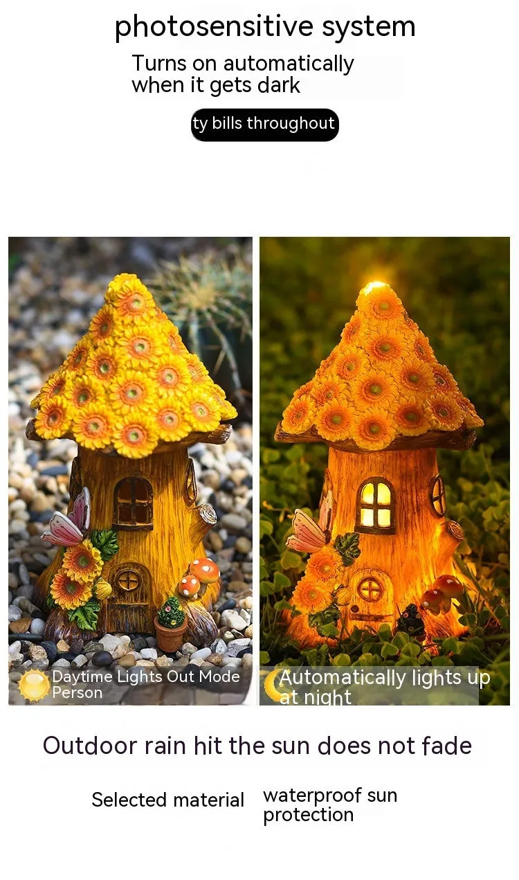 Hand-painted resin solar lamp decoration in tree house shape for outdoor garden lawn