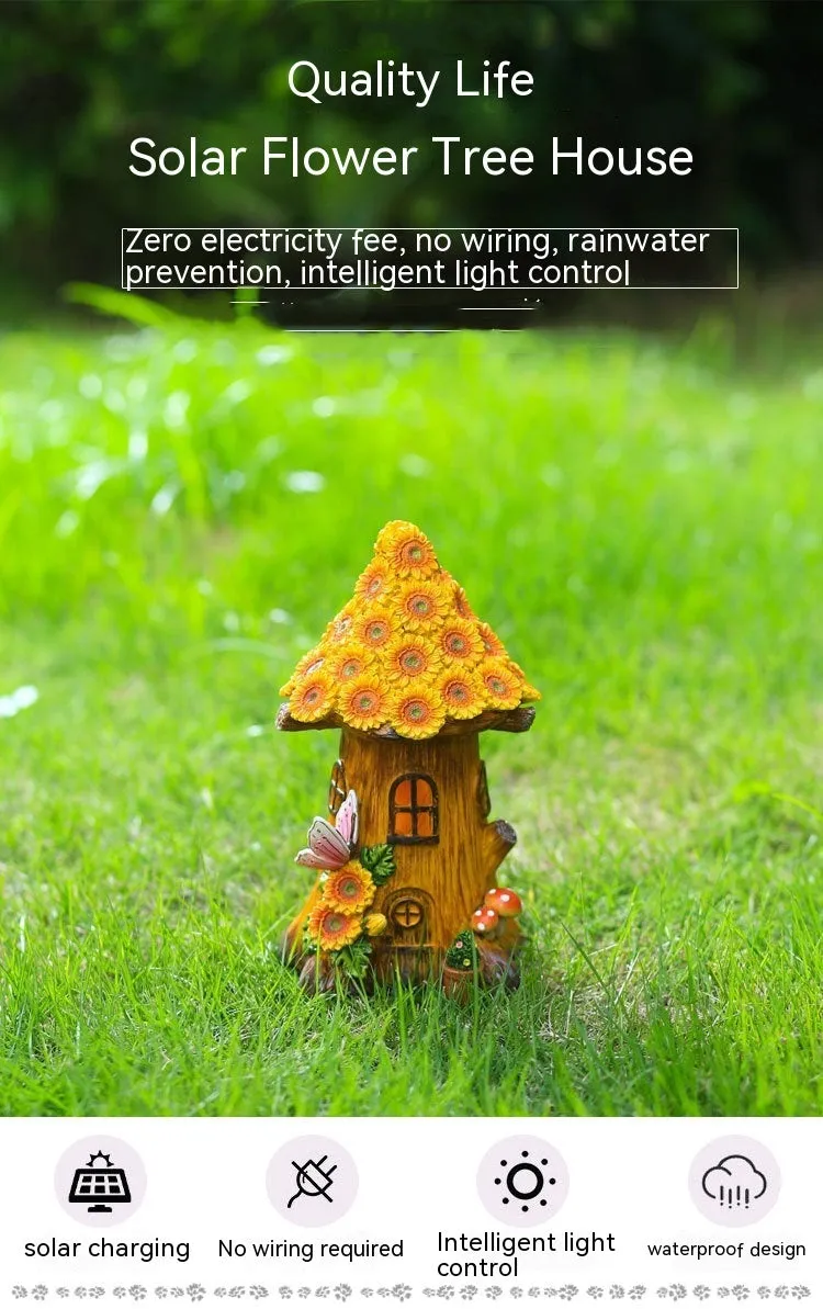Hand-painted resin solar lamp decoration in tree house shape for outdoor garden lawn